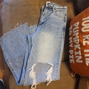 Vibrant Light Blue Distressed Flare Jeans
